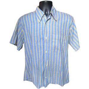Debonair Striped Short-Sleeve Button-Down Shirt Blue/Yellow, Regular , 70s Retro